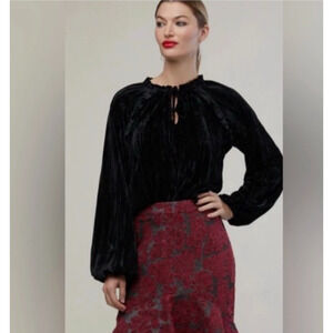 Rachel Parcell Crinkle Velvet Blouse Black Size M Long Sleeve Luxe Whimsygoth